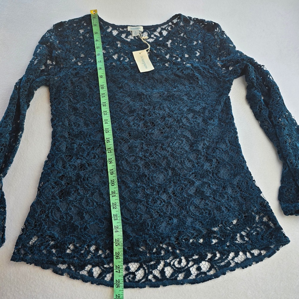 Sundance NWT -1755 Teal Blue Floral Lace Long Sleeve Lined Top Boat Neck Medium - Picture 8 of 9